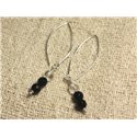 Boucles d'Oreilles Argent 925 Crochets 40mm - Onyx Noir et Cristal Quartz rondes Facettées 6mm 