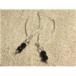 Boucles d'Oreilles Argent 925 Crochets 40mm - Onyx Noir et Cristal Quartz rondes Facettées 6mm 