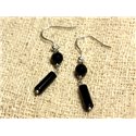 Boucles d'Oreilles Argent 925 - Onyx Noir Colonnes 13x4mm et rondes Facettées 6mm 