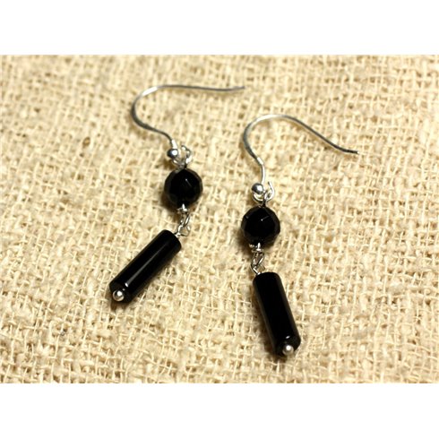 Boucles d'Oreilles Argent 925 - Onyx Noir Colonnes 13x4mm et rondes Facettées 6mm 