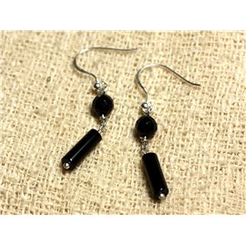 925 Silver Earrings - Black Onyx 13x4mm Columns and 6mm Faceted Round 