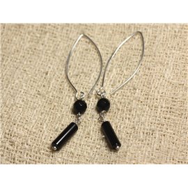 925 Silver Earrings 40mm Hooks - Black Onyx 13x4mm Columns and 6mm Faceted Round 