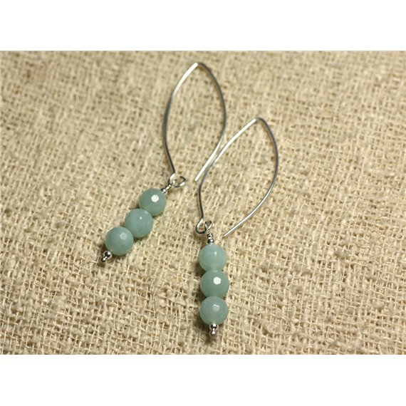 Boucles d'Oreilles Argent 925 Crochets 40mm - Amazonite Facettée 6mm 