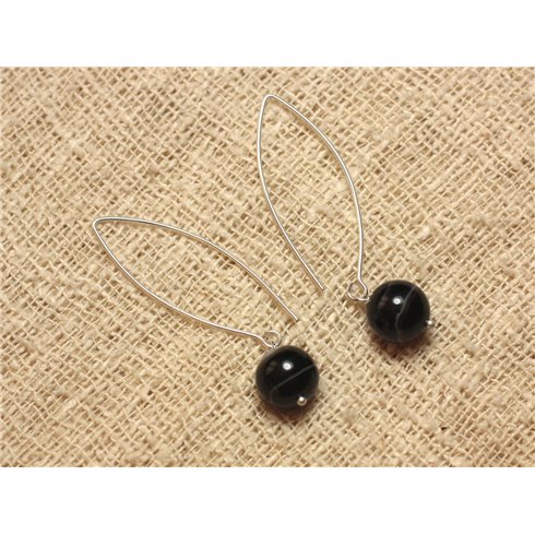 Boucles d'Oreilles Argent 925 et Pierre - Agate Noire 10mm