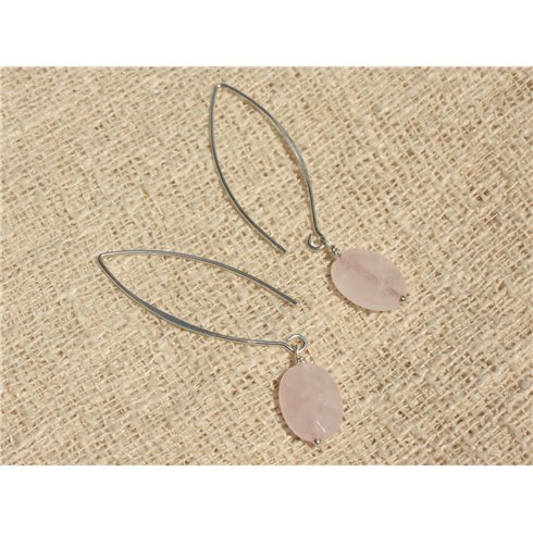 Boucles d'Oreilles Argent 925 et Pierre - Quartz Rose Ovales Facettés 14x10mm 