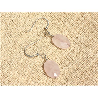 Boucles d'Oreilles Argent 925 et Pierre - Quartz Rose Ovales Facettés 14x10mm 