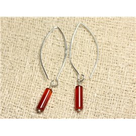 925 Sterling Silver and Stone Earrings - Carnelian Tubes 12mm 