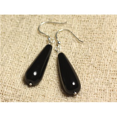 Boucles d'Oreilles Argent 925 - Onyx Noir Longues Gouttes 30x10mm 