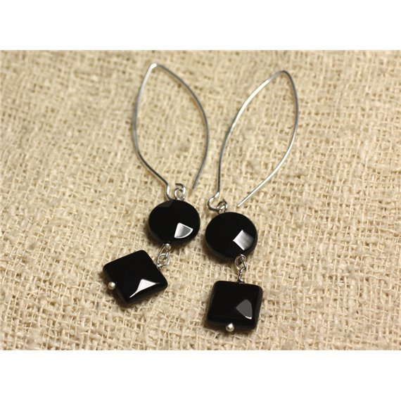 Boucles d'Oreilles Argent 925 Crochets 40mm - Onyx Noir Palets et Carrés facettés 10mm 