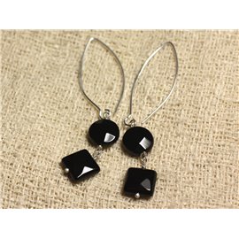 925 Silver Earrings 40mm Hooks - Black Onyx Faceted Palets and Squares 10mm 