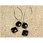 Boucles d'Oreilles Argent 925 Crochets 40mm - Onyx Noir Palets et Carrés facettés 10mm 