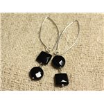 Boucles d'Oreilles Argent 925 Crochets 40mm - Onyx Noir Palets et Carrés facettés 10mm 