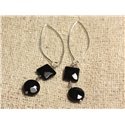 Boucles d'Oreilles Argent 925 Crochets 40mm - Onyx Noir Palets et Carrés facettés 10mm 