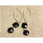 Boucles d'Oreilles Argent 925 Crochets 40mm - Onyx Noir Palets et Carrés facettés 10mm 