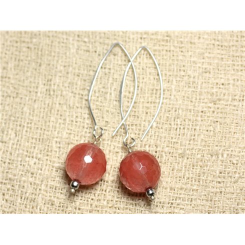 Boucles d'Oreilles Argent 925 et Pierre - Quartz Cerise Boules Facettées 14mm 