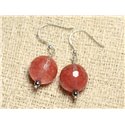 Boucles d'Oreilles Argent 925 et Pierre - Quartz Cerise Boules Facettées 14mm 