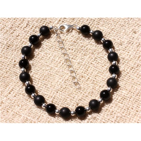 Bracelet Argent 925 et Pierre - Onyx noir brillant et mat 6mm 