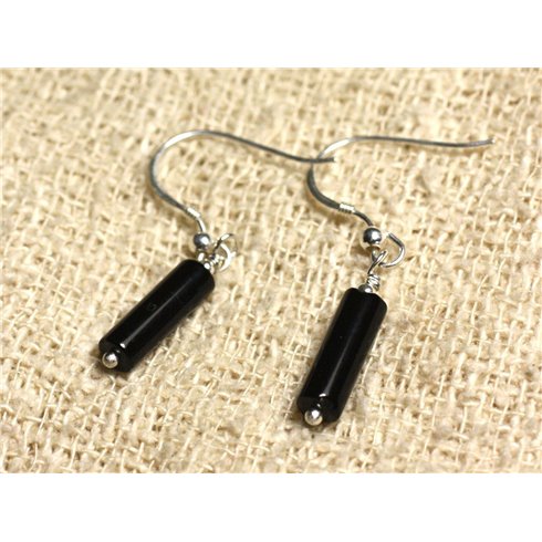 Boucles d'Oreilles Argent 925 - Onyx Noir Colonnes 13x4mm 