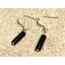 925 Silver Earrings - Black Onyx 13x4mm Columns 