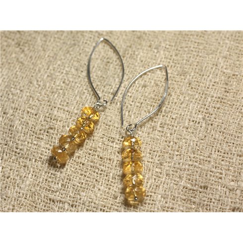 Boucles d'Oreilles Argent 925 Crochets 40mm - Citrine Rondelles Facettées 8x5mm 