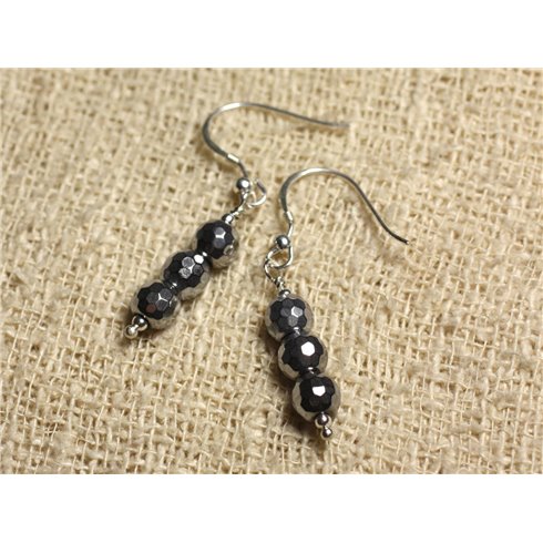 Boucles d'Oreilles Argent 925 - Hématite Rhodium Facettée 6mm 