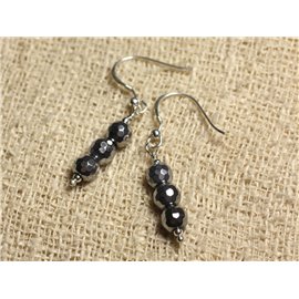 925 Sterling Silver Earrings - Faceted Rhodium Hematite 6mm 