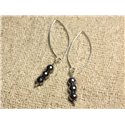 Boucles d'Oreilles Argent 925 Crochets 40mm - Hématite Rhodium Facettée 6mm 