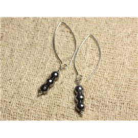 Boucles d'Oreilles Argent 925 Crochets 40mm - Hématite Rhodium Facettée 6mm 