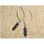 Boucles d'Oreilles Argent 925 Crochets 40mm - Hématite Rhodium Facettée 6mm 