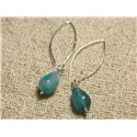 Boucles d'Oreilles Argent 925 Crochets 40mm - Agate Bleue Gouttes Facettées 14x10mm 