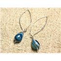 Boucles d'Oreilles Argent 925 Crochets 40mm - Agate Bleue Gouttes Facettées 14x10mm