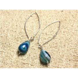 Sterling Silver 40mm Hook Earrings - Blue Agate Faceted Drops 14x10mm