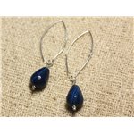 Boucles d'Oreilles Argent 925 Crochets 40mm - Agate Bleue Gouttes Facettées 14x10mm 