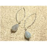 Boucles d'Oreilles Argent 925 Crochets 40mm - Agate Bleue Gouttes Facettées 14x10mm 