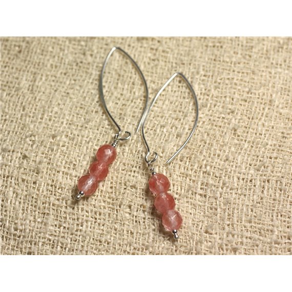 Boucles d'Oreilles Argent 925 Crochets 40mm - Quartz Cerise Facetté 6mm 