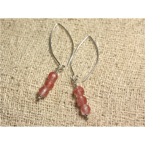 Boucles d'Oreilles Argent 925 Crochets 40mm - Quartz Cerise Facetté 6mm 