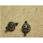 Boucles d'Oreilles Argent 925 Perle Rhodium et Jade 