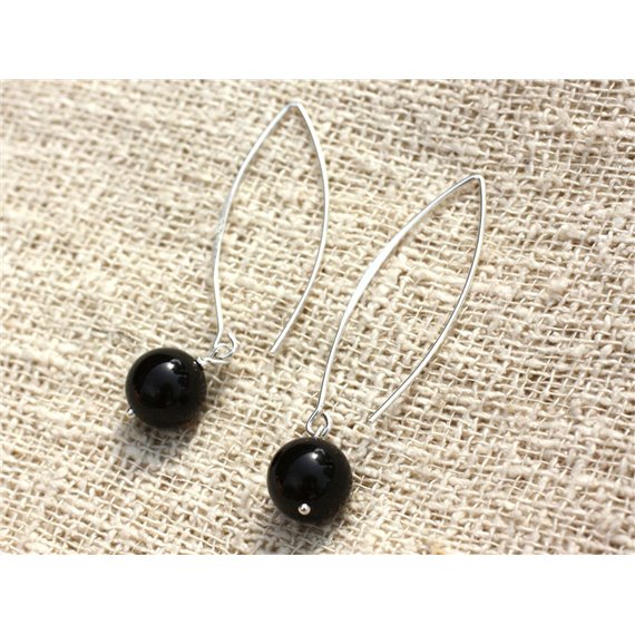 Boucles d'Oreilles Argent 925 40mm - Onyx Noir 10mm 