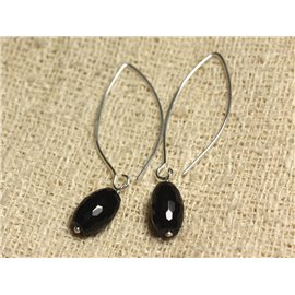 Ohrringe Silber 925 Haken 40mm - Black Onyx Facettierte Oliven 12x8mm 