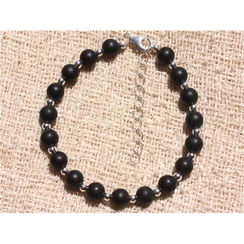 Bracelet Argent 925 et Pierre - Onyx noir mat givré 6mm 