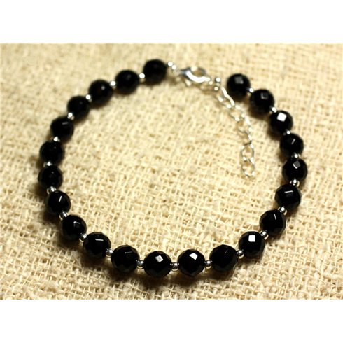 Bracelet Argent 925 et Pierre - Onyx Noir Facetté 6mm