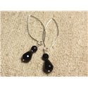 Boucles d'Oreilles Argent 925 Crochets 40mm - Onyx Noir Gouttes Facettées 12x8mm et rondes Facettées 6mm 