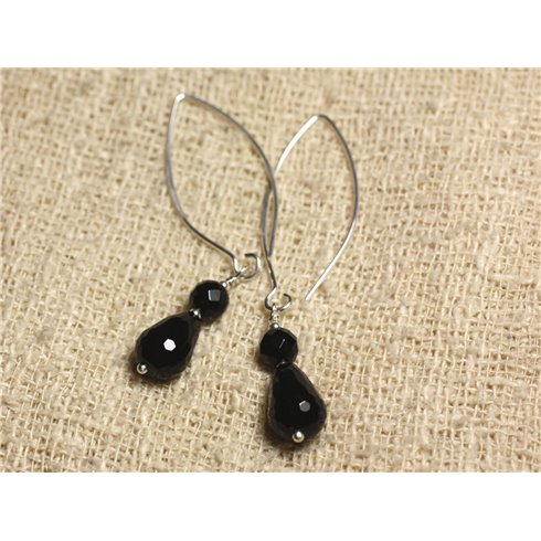 Boucles d'Oreilles Argent 925 Crochets 40mm - Onyx Noir Gouttes Facettées 12x8mm et rondes Facettées 6mm 