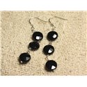 Boucles d'Oreilles Argent 925 - Onyx Noir Palets facettés 10mm 