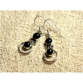 BO201 - 925 Sterling Silver Earrings 28mm - Black Onyx Round 6mm 