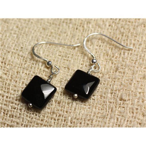 Boucles d'Oreilles Argent 925 - Onyx Noir Carrés facettés 10mm 