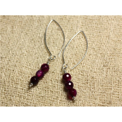 Boucles d'Oreilles Argent 925 Crochets 40mm - Agate Violet Rose Facettée 6mm 