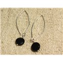 Boucles d'Oreilles Argent 925 Crochets 40mm - Onyx Noir Palets facettés 10mm 