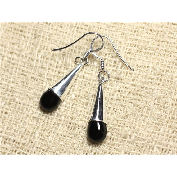 BO216 - Boucles d'Oreilles Argent massif 925 et Pierre Onyx Gouttes 24mm 