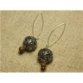 Rhodium Pearl and Wood Jasper 925 Silver Earrings 